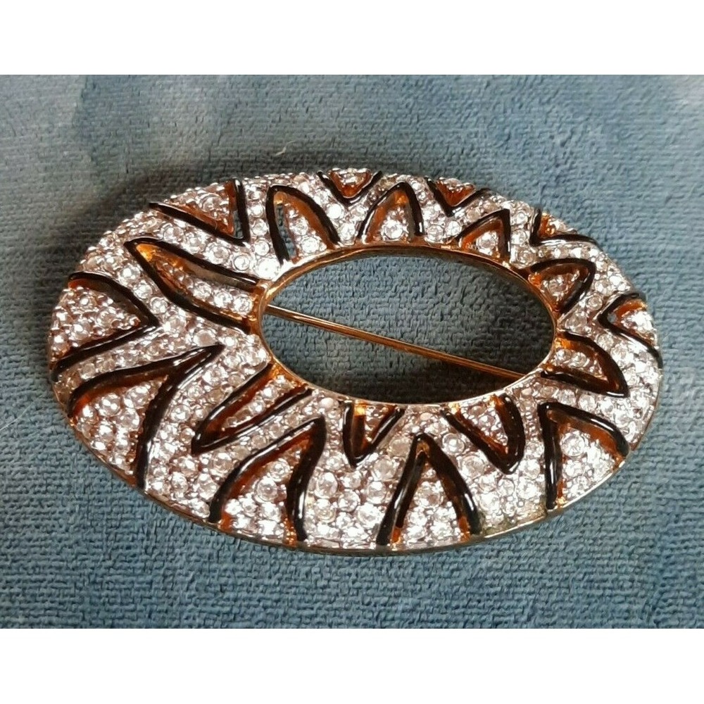 Swarovski Gold Plated Pave Crystal Black Enamel Oval Modernist Brooch Vintage